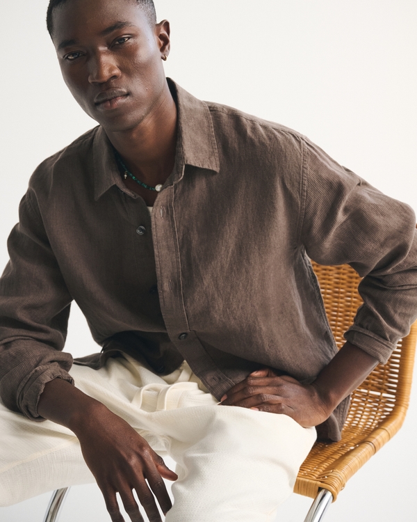 100% Linen Button-Up Shirt, Brown Stripe view 2