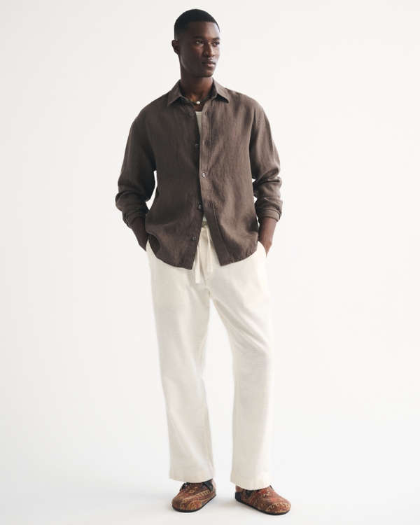 100% Linen Button-Up Shirt, Brown Stripe view 2