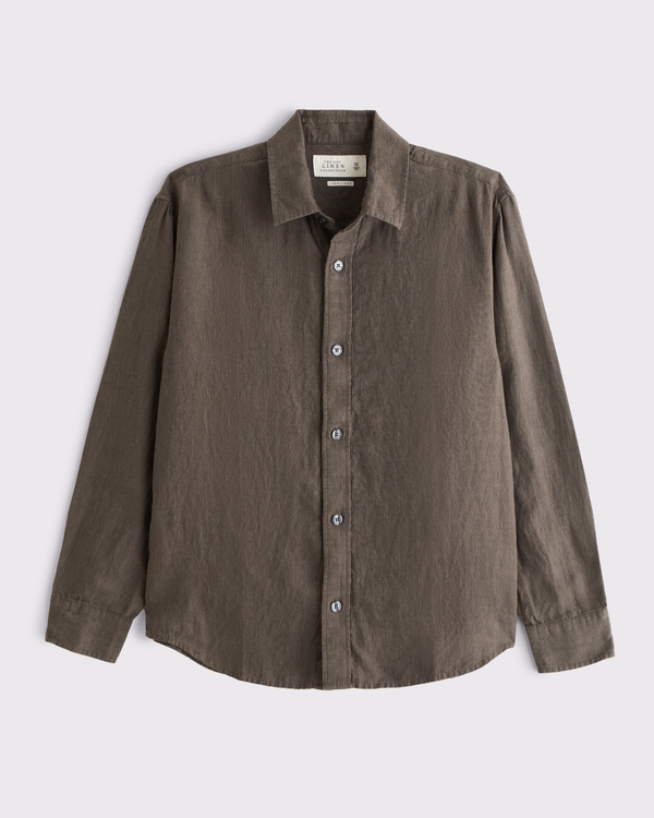 100% Linen Button-Up Shirt, Brown Stripe view 1
