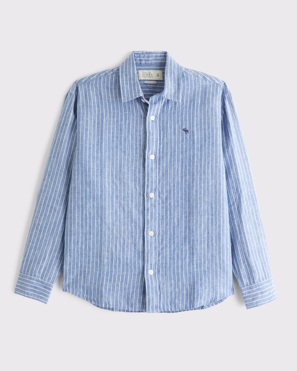 100% Linen Icon Button-Up Shirt, Light Blue Stripe view 1