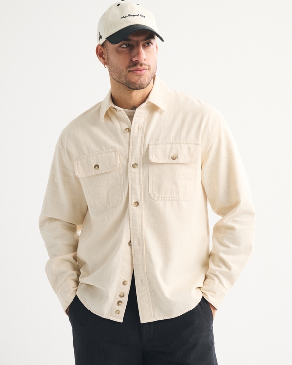 Denim Button-Up Shirt, Cream view 1