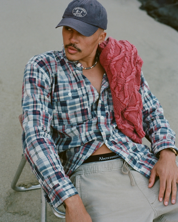 Double-Cloth Button-Up Shirt, Blue Plaid view 1