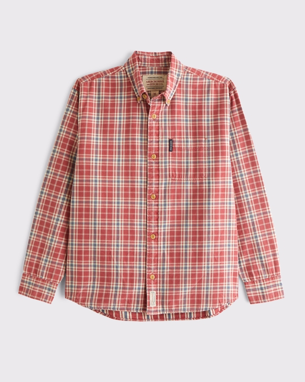 Plaid Button-Up Shirt, Red Plaid view 2