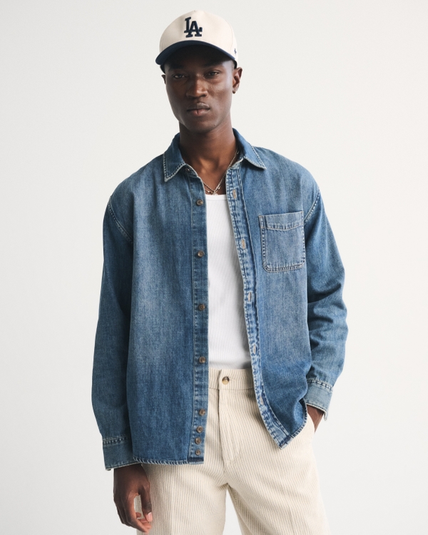 Denim Button-Up Shirt, Dark Wash view 2