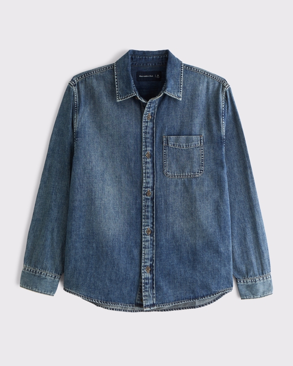 Denim Button-Up Shirt, Dark Wash view 1