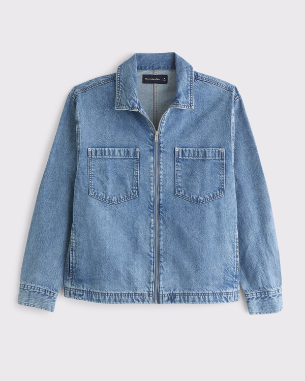 Denim Zip Shirt Jacket, Medium Wash view 1