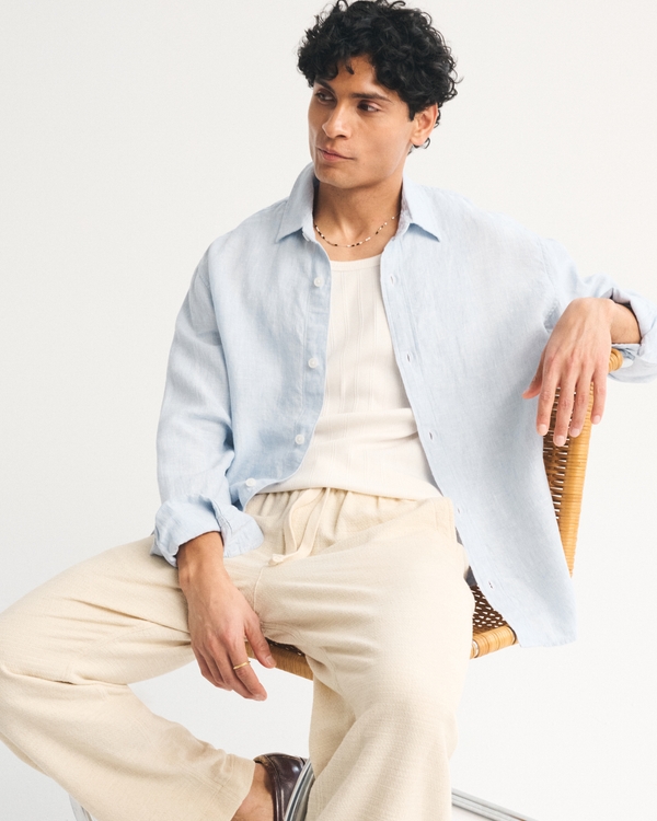 100% Linen Button-Up Shirt, Light Blue Stripe view 2