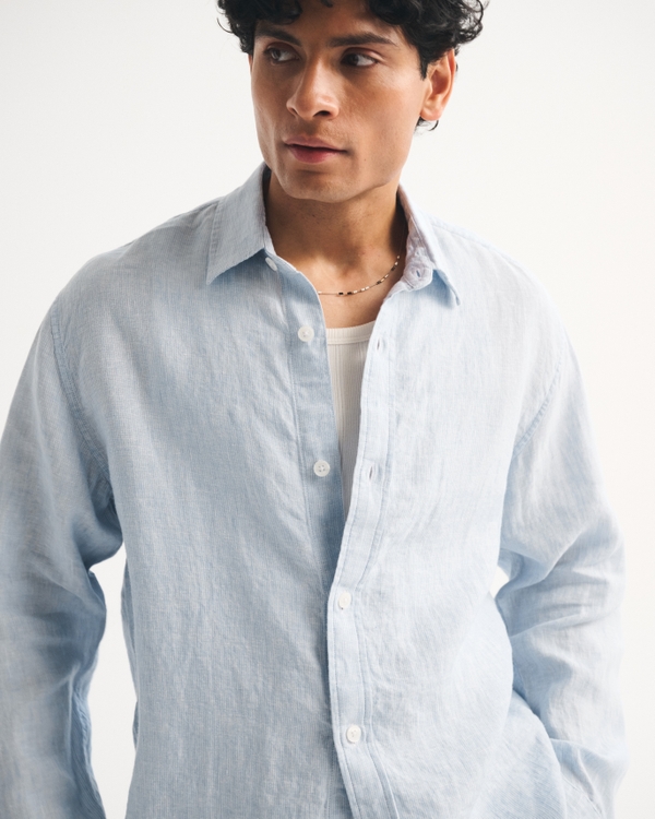 100% Linen Button-Up Shirt, Light Blue Stripe view 2