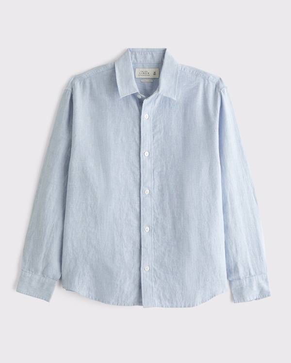 100% Linen Button-Up Shirt, Light Blue Stripe view 1