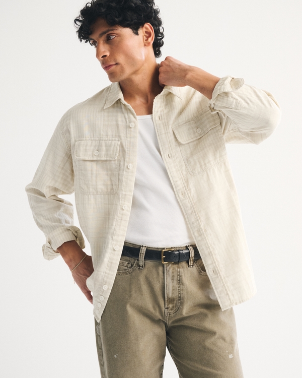 Double-Cloth Button-Up Shirt, Cream Plaid view 1