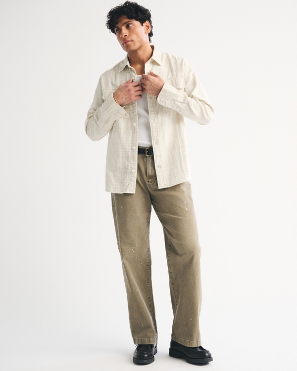 Double-Cloth Button-Up Shirt, Cream Plaid view 2