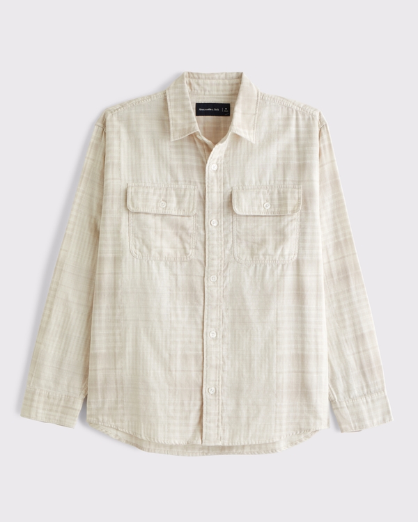 Double-Cloth Button-Up Shirt, Cream Plaid view 1