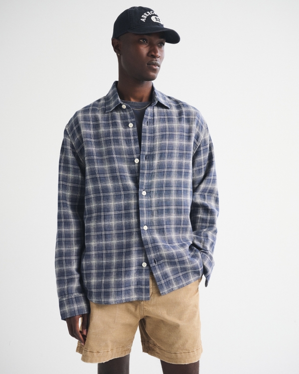 Linen-Blend Plaid Shirt, Blue Plaid view 2