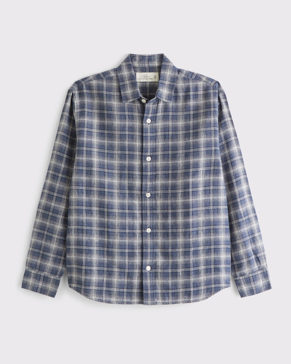 Linen-Blend Plaid Shirt, Blue Plaid view 1