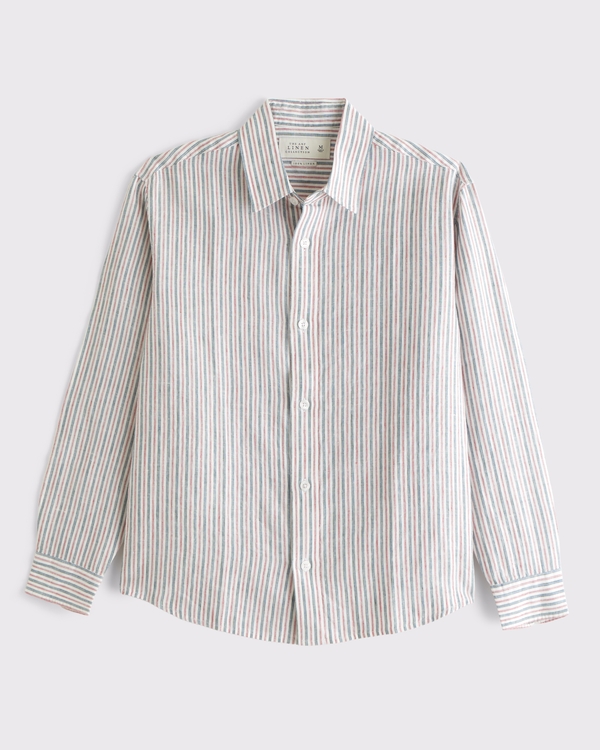 100% Linen Button-Up Shirt, Red Stripe view 1