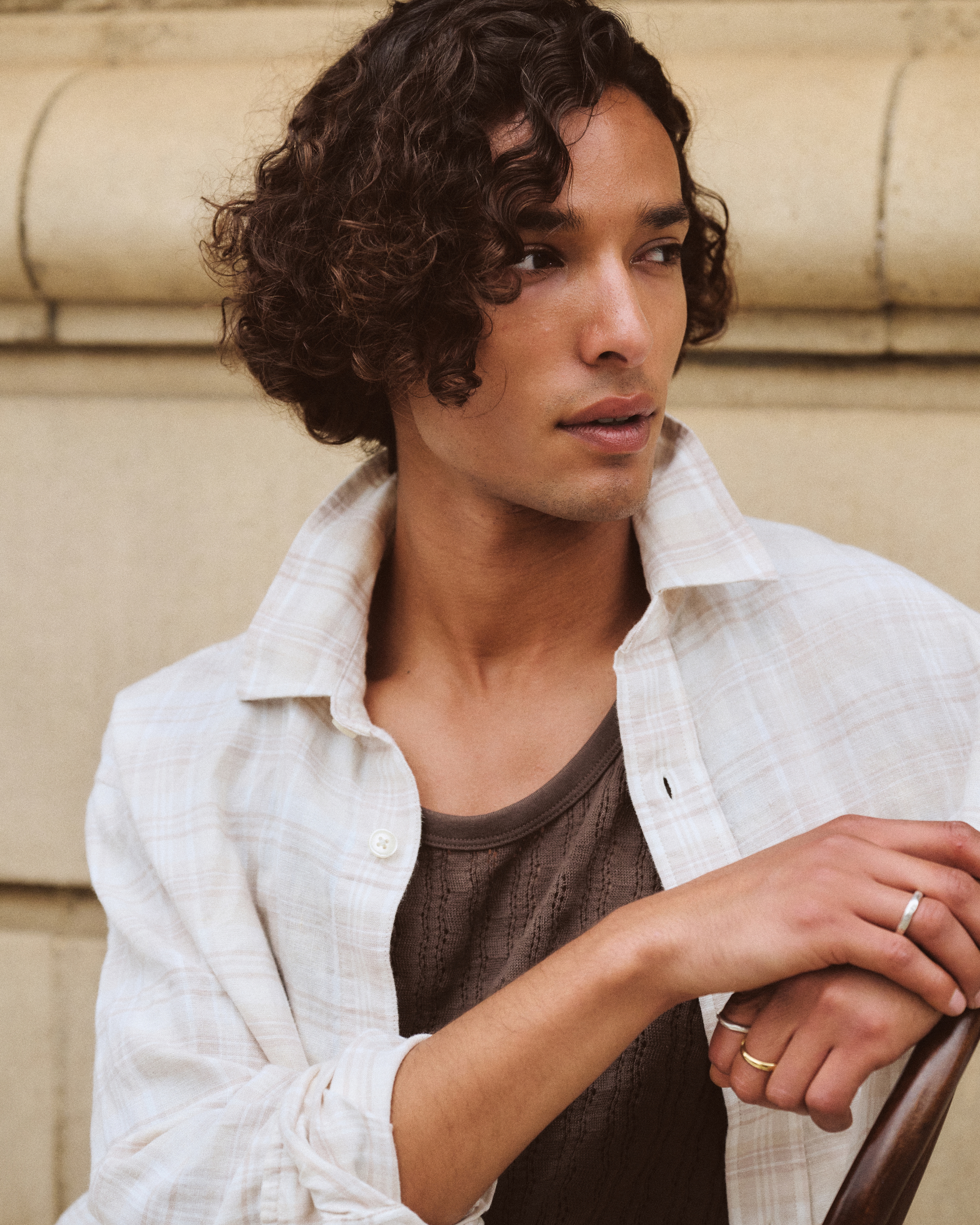 Мужская рубашка Abercrombie & Fitch Linen-Blend Plaid, цвет: Кремовый клетчатый — фото 2