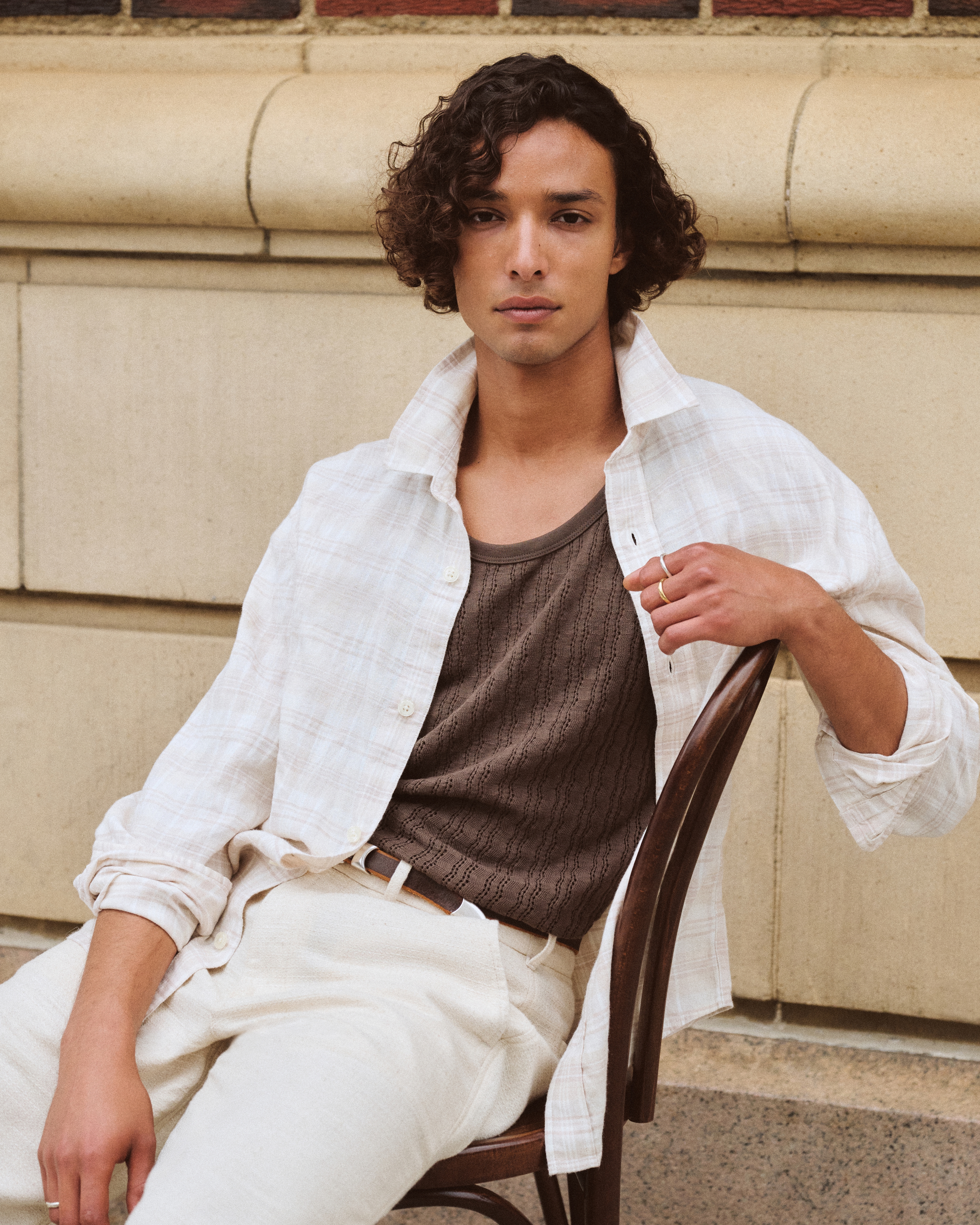Мужская рубашка Abercrombie & Fitch Linen-Blend Plaid, цвет: Кремовый клетчатый — фото 4