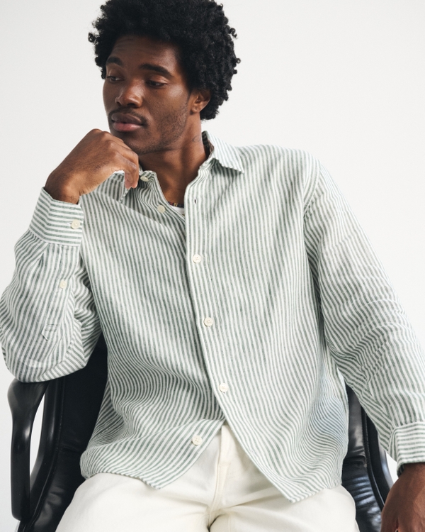 Hemd mit Knopfverschluss aus 100 % Leinen, Grün Mit Streifen view 1