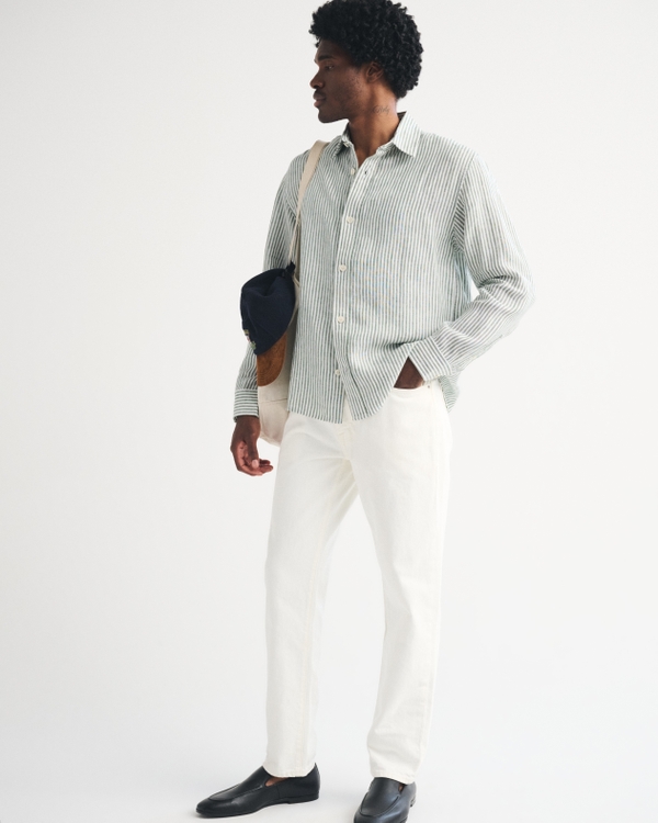 Hemd mit Knopfverschluss aus 100 % Leinen, Grün Mit Streifen view 2