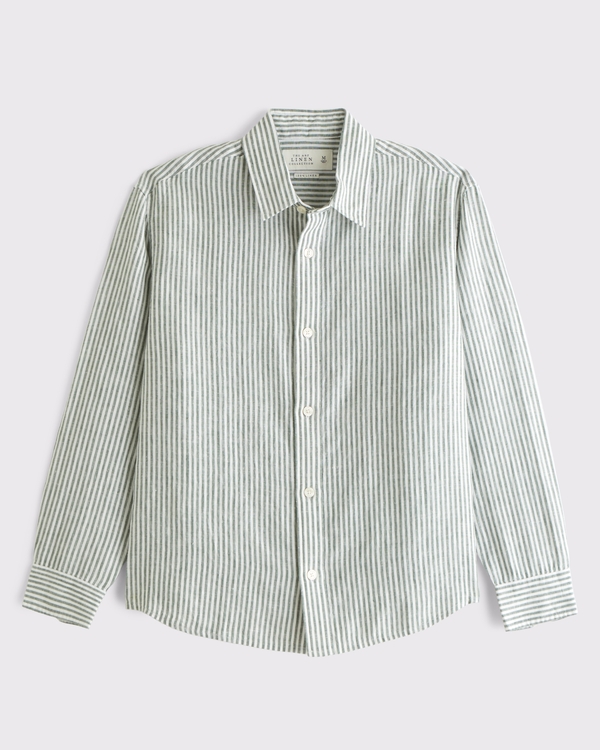 100% Linen Button-Up Shirt, Green Stripe view 1
