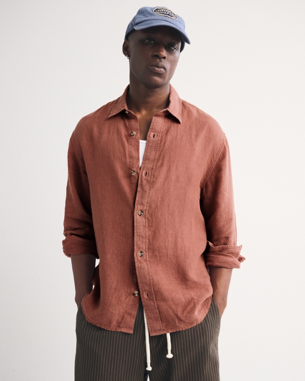 100% Linen Button-Up Shirt, Light Burgundy view 1