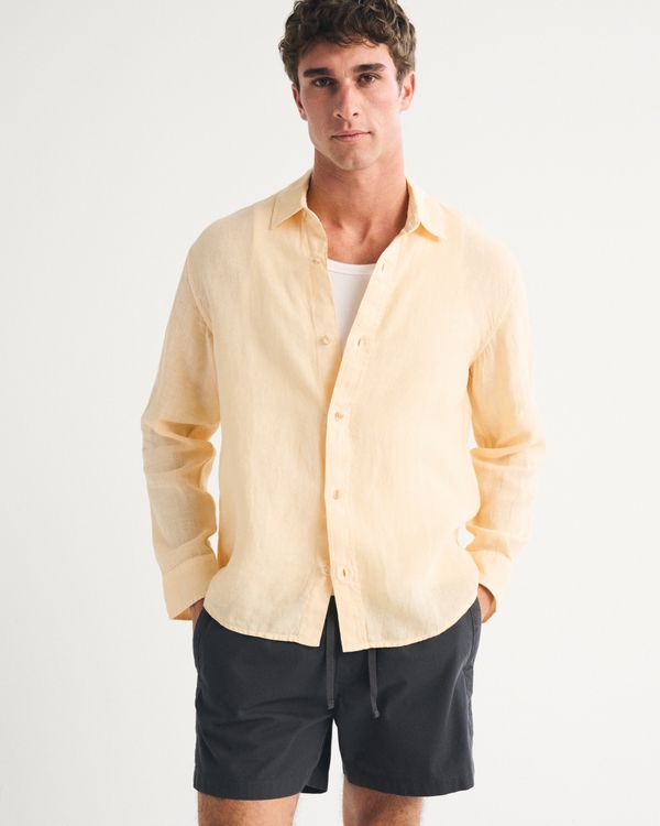 100% Linen Button-Up Shirt, Yellow view 1