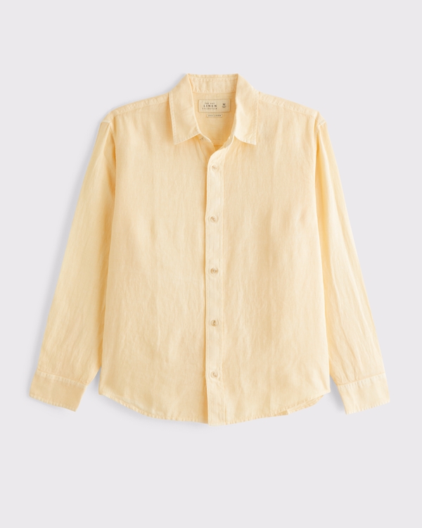 100% Linen Button-Up Shirt, Yellow view 1