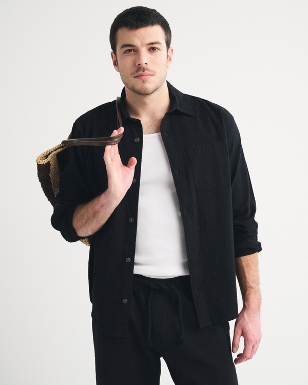 Seersucker Button-Up Shirt, Black view 1