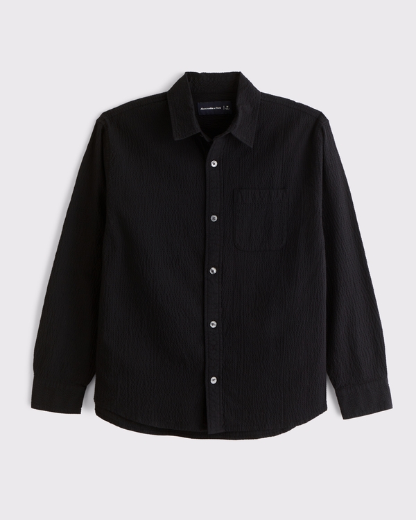 Seersucker Button-Up Shirt, Black view 1