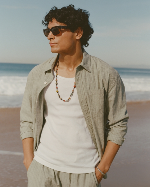 Seersucker Button-Up Shirt, Slate Green Stripe view 1