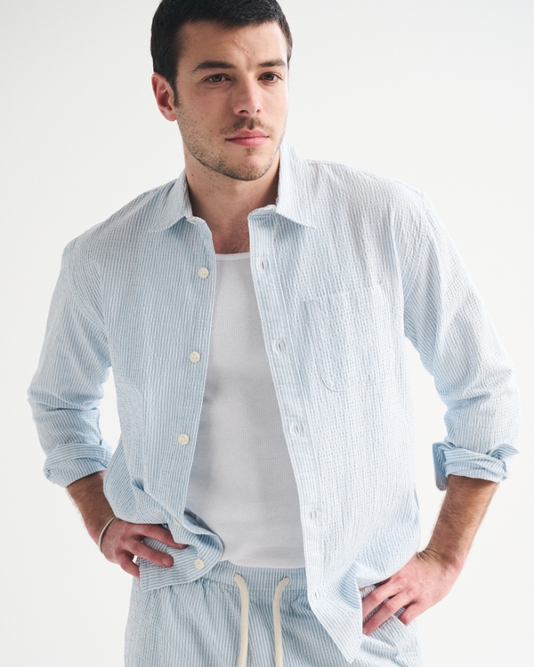 Seersucker Button-Up Shirt, Light Blue Stripe view 2