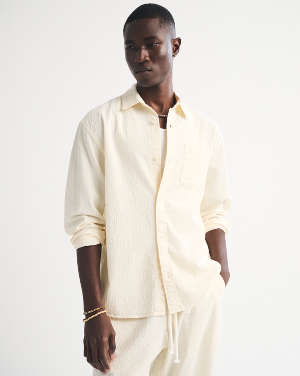 Seersucker overhemd met knoopjes, Ivoor view 1