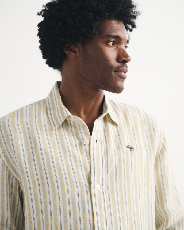 100% Linen Icon Shirt, Yellow Stripe view 1