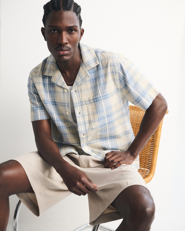 100% Cotton Plaid Resort Collar Shirt, Light Blue Plaid view 1