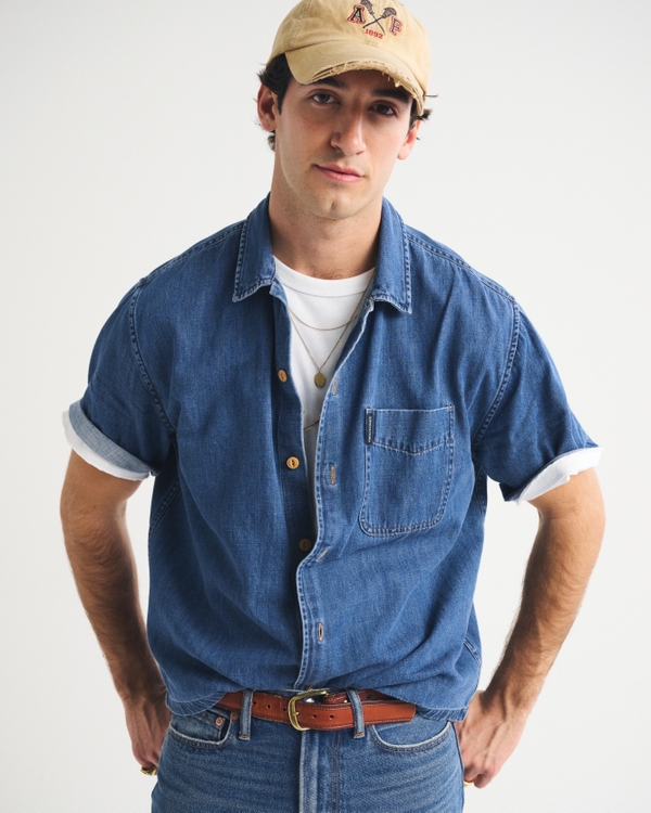 Short-Sleeve Denim Button-Up Shirt, Medium Wash view 1