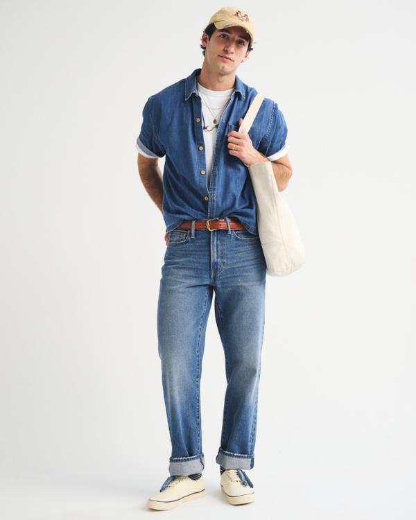 Short-Sleeve Denim Button-Up Shirt, Medium Wash view 2