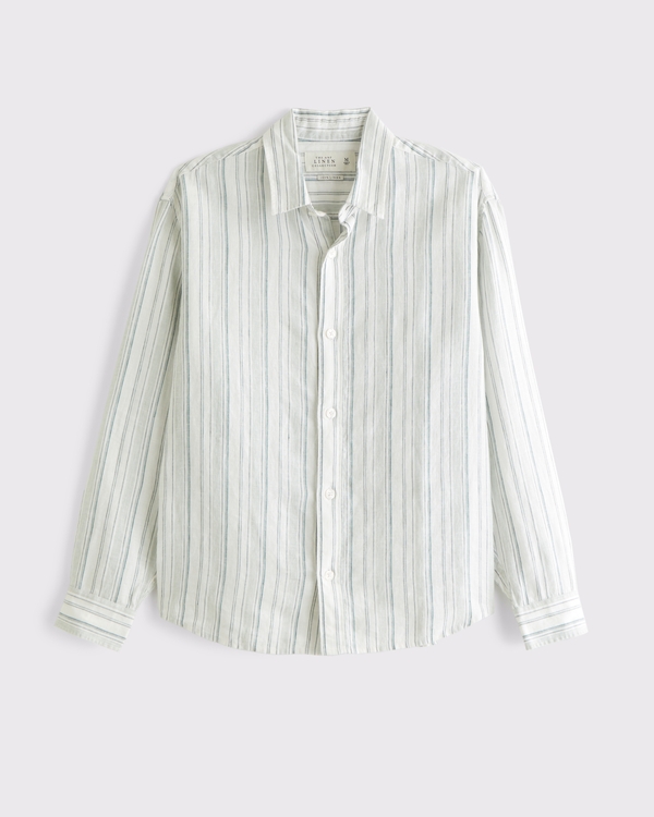 100% Linen Long-Sleeve Shirt, Green Stripe view 1