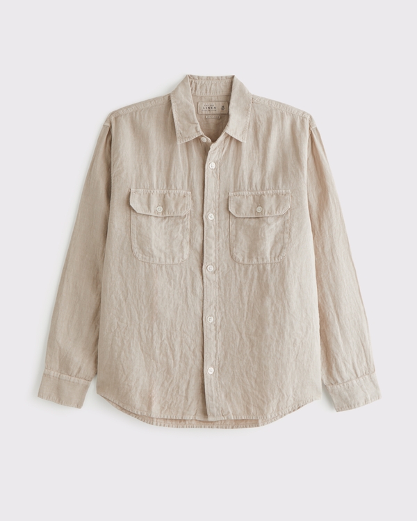 100% Linen 2-Pocket Shirt, Beige view 1