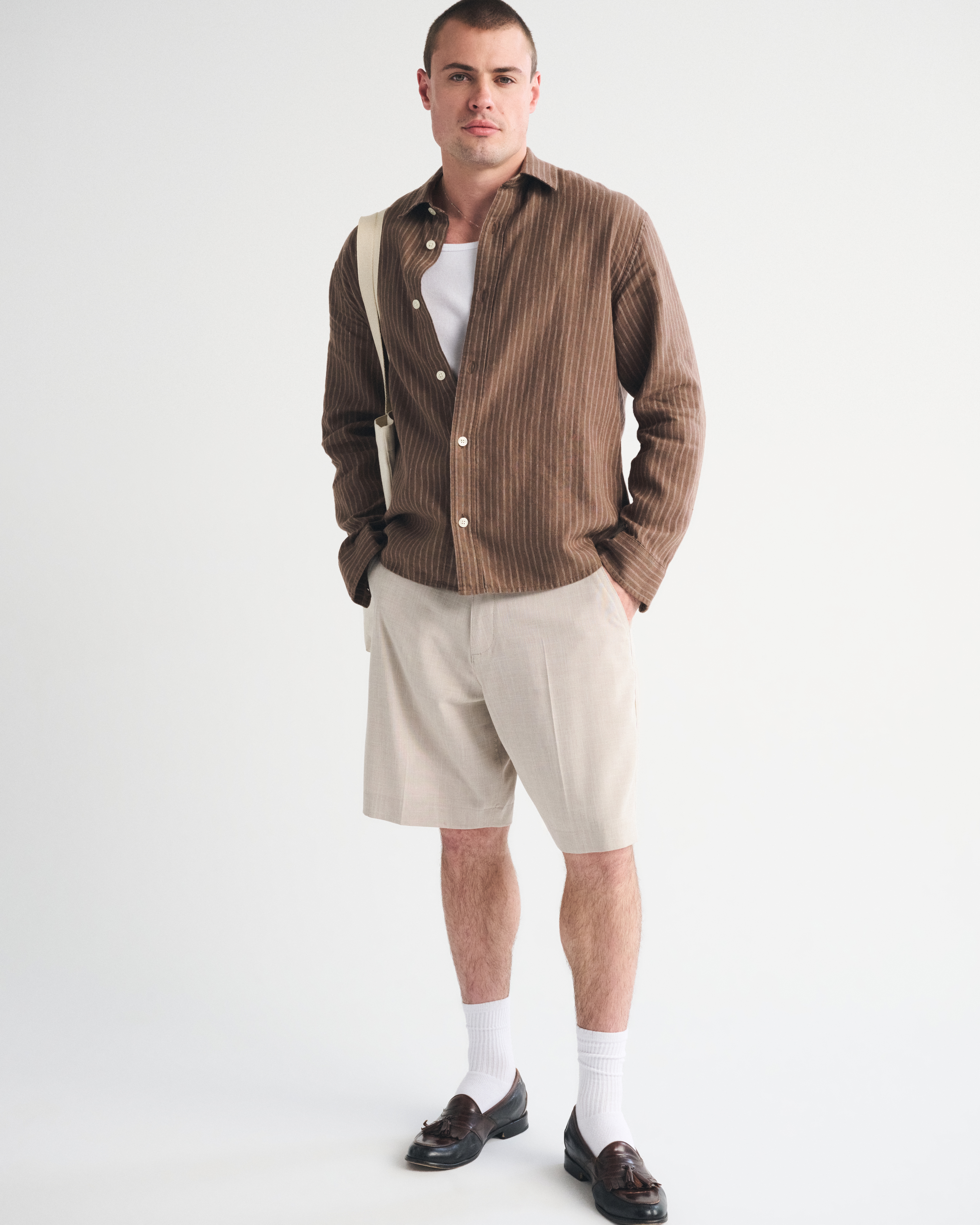 Мужские рубашки Abercrombie & Fitch Linen-Blend Striped Shirt — фото 3