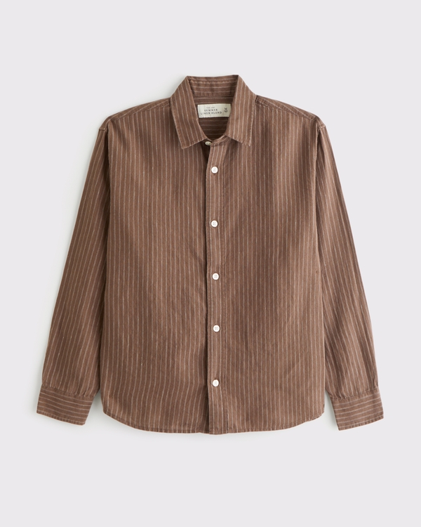 Linen-Blend Striped Shirt, Dark Brown Stripe view 1