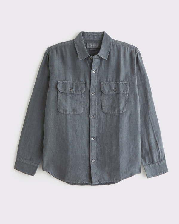 100% Linen 2-Pocket Shirt, Gray view 1
