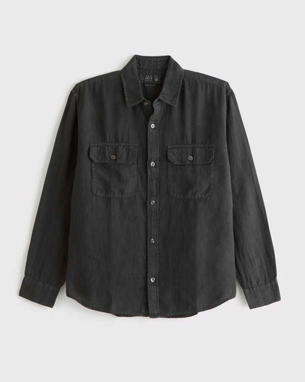 100% Linen 2-Pocket Shirt, Black view 1