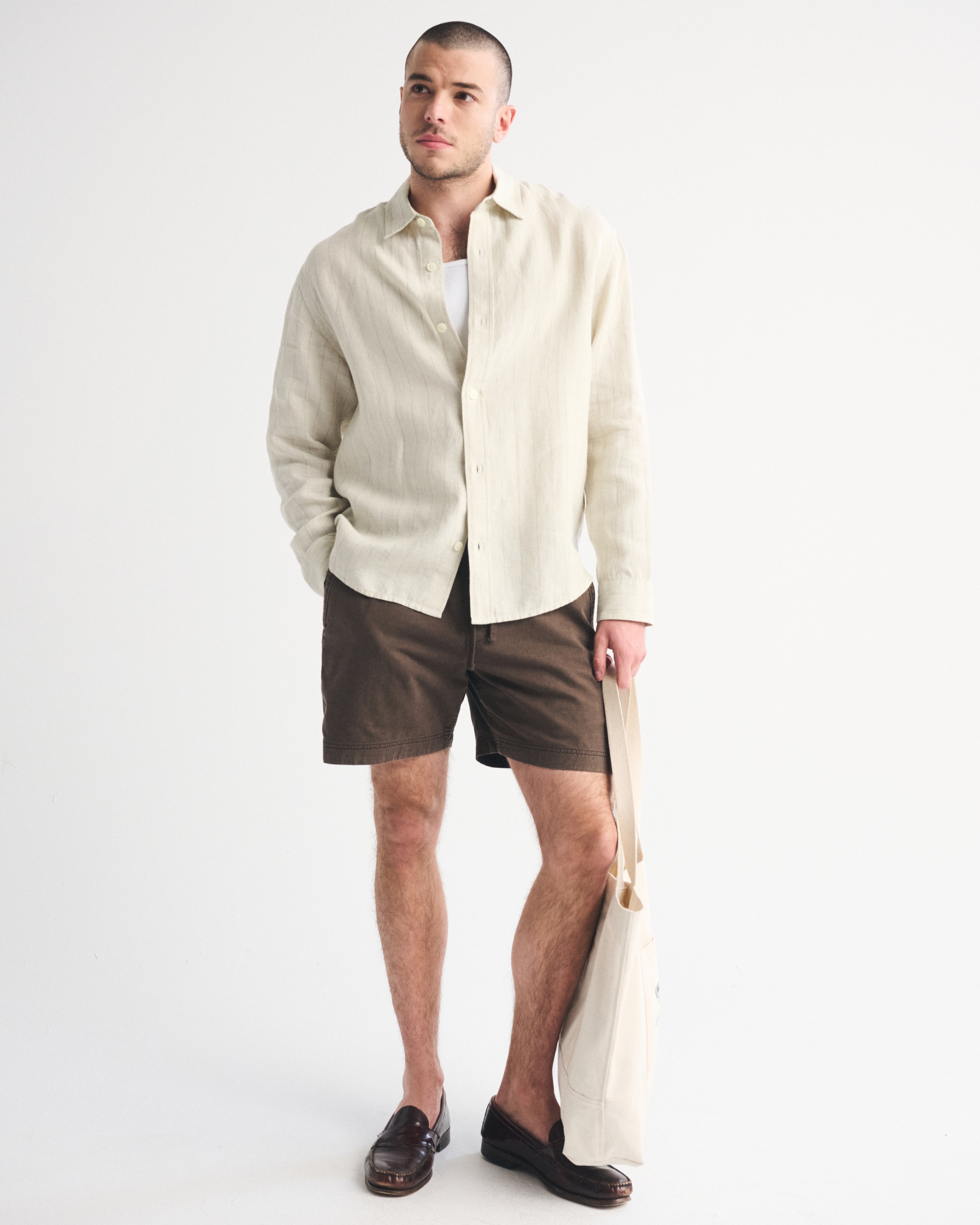 Мужская рубашка Abercrombie & Fitch 100% Linen Button-Up, цвет: Бежевый полосатый — фото 2