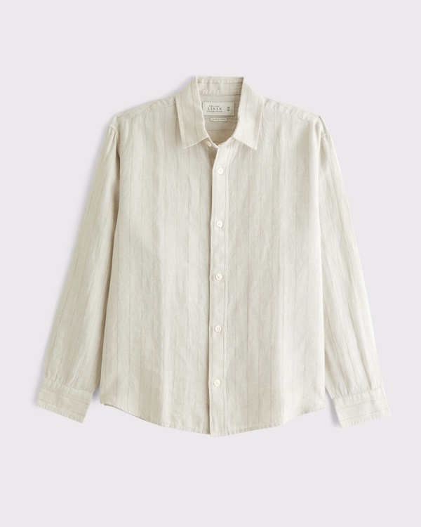 100% Linen Button-Up Shirt, Beige Stripe view 1