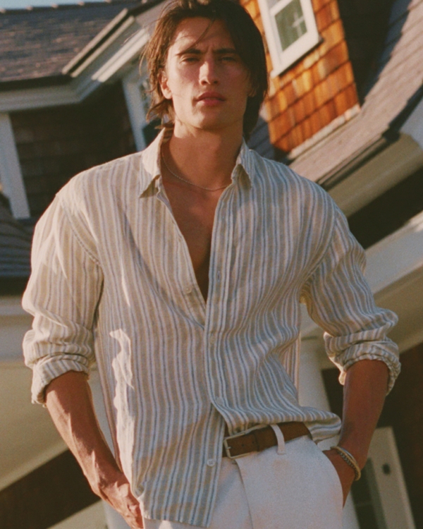 100% Linen Button-Up Shirt, Light Blue Stripe view 1