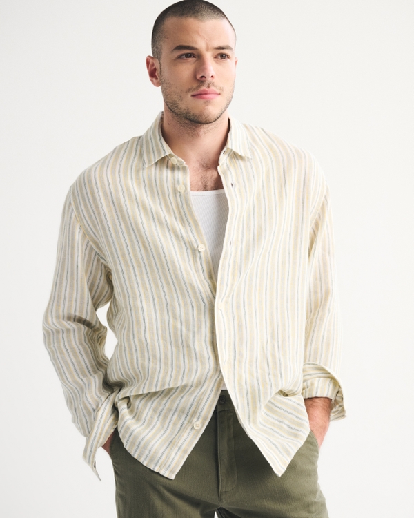 100% Linen Button-Up Shirt, Light Blue Stripe view 2