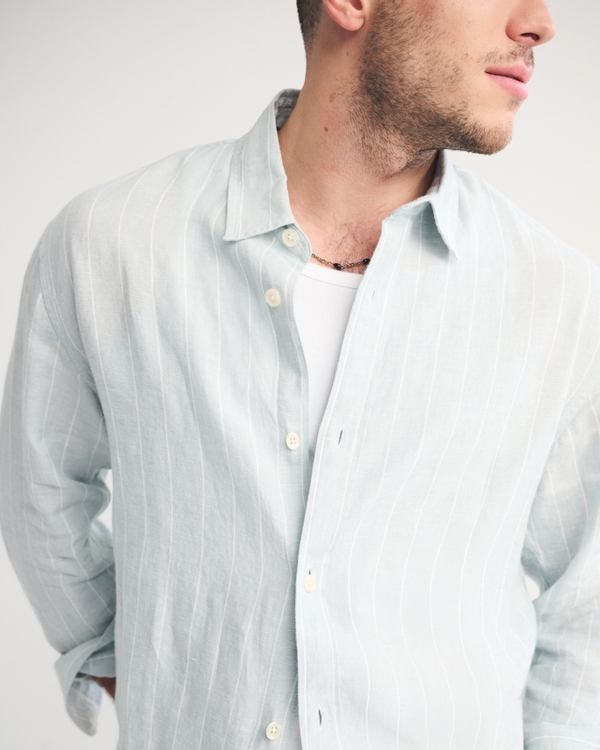 100% Linen Button-Up Shirt, Light Green Stripe view 1