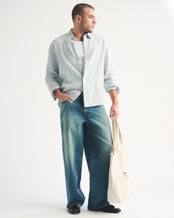 100% Linen Button-Up Shirt, Light Green Stripe view 2