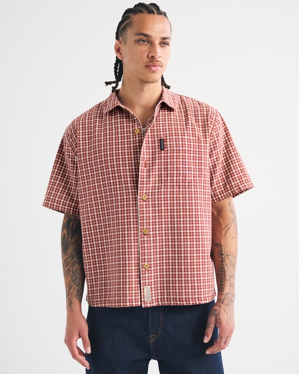 Short-Sleeve Plaid Button-Up Shirt, Red Plaid view 1