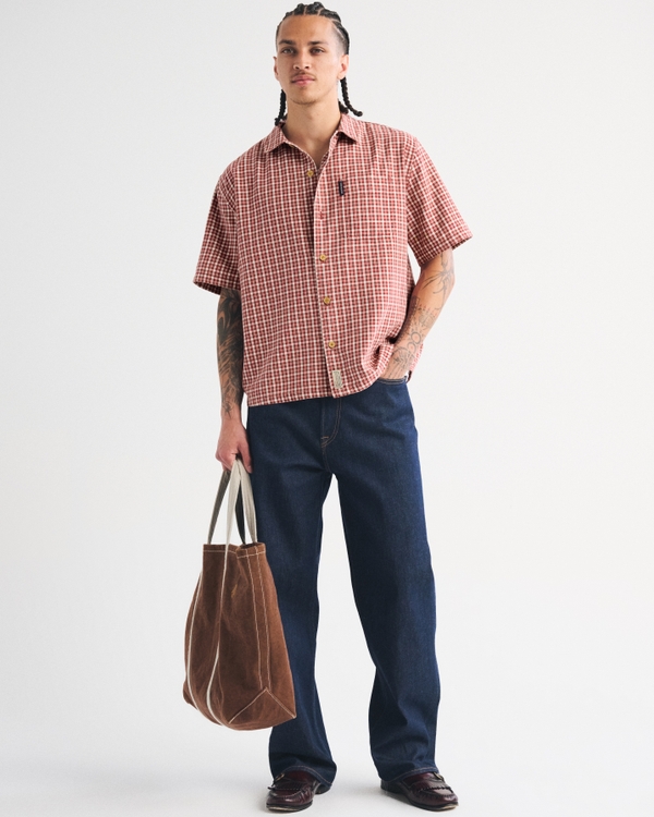 Short-Sleeve Plaid Button-Up Shirt, Red Plaid view 2